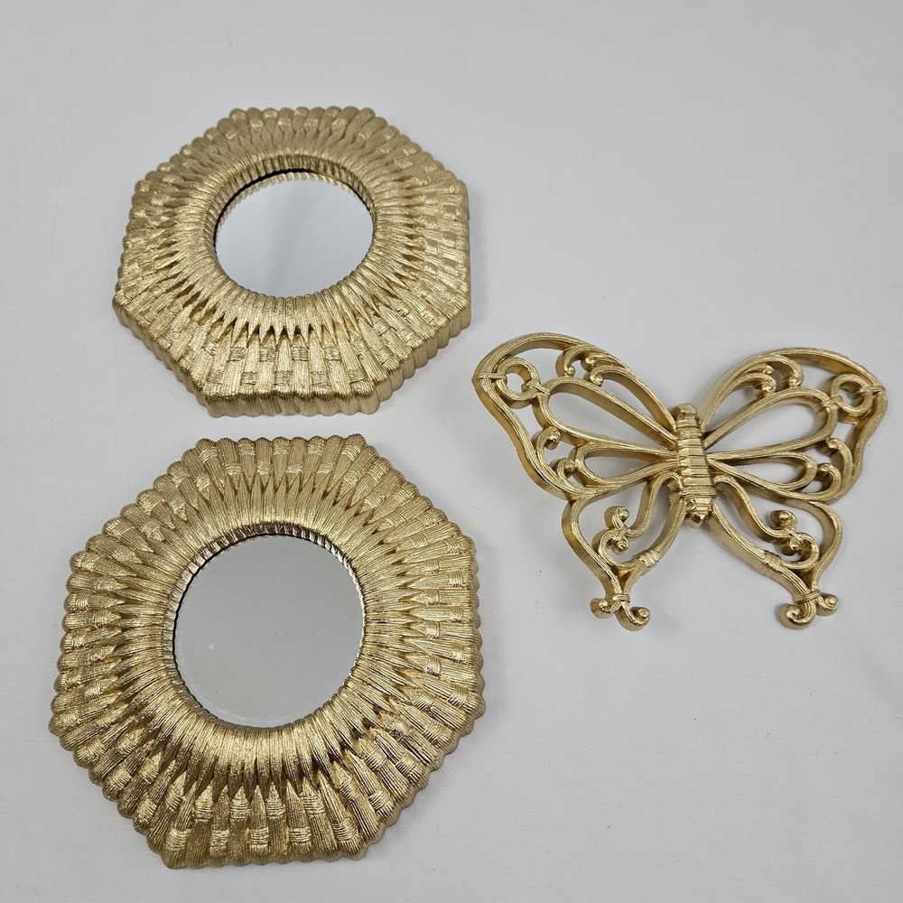 Vintage Gold Rattan Mirror W/Butterfly Decor Set of 3 1978 Syroco Regency MCM